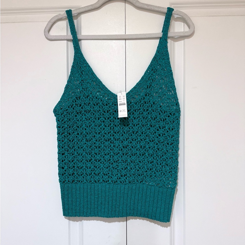 NWT J. Crew Teal Cropped V-Neck Sweater Tank in Textured Pointelle BR545